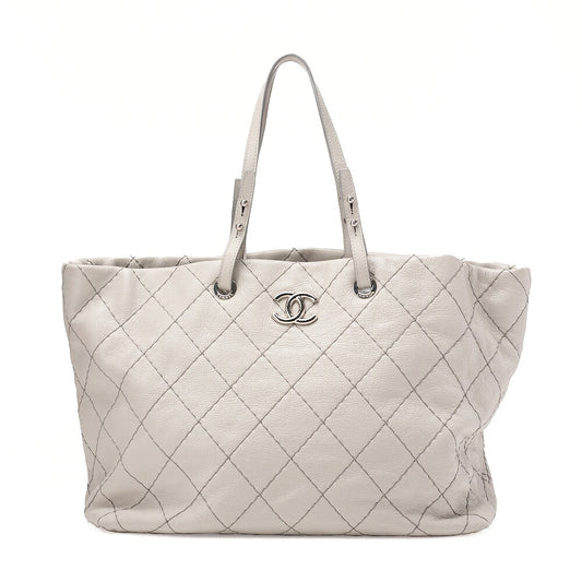 CHANEL Leather Tote Bag Matelasse Coco Mark Ozan Road Large Size Gray Silver-Tone Hardware, Pre-Owned