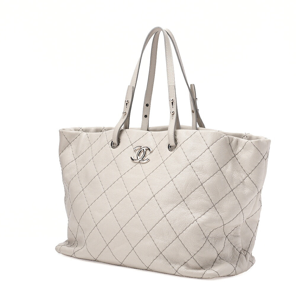 CHANEL Leather Tote Bag Matelasse Coco Mark Ozan Road Large Size Gray Silver-Tone Hardware, Pre-Owned