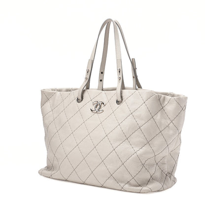 CHANEL Leather Tote Bag Matelasse Coco Mark Ozan Road Large Size Gray Silver-Tone Hardware, Pre-Owned