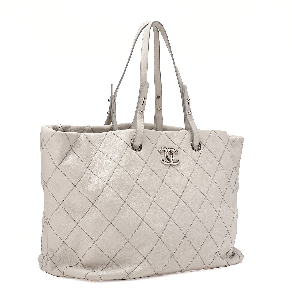 CHANEL Leather Tote Bag Matelasse Coco Mark Ozan Road Large Size Gray Silver-Tone Hardware, Pre-Owned