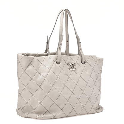 CHANEL Leather Tote Bag Matelasse Coco Mark Ozan Road Large Size Gray Silver-Tone Hardware, Pre-Owned