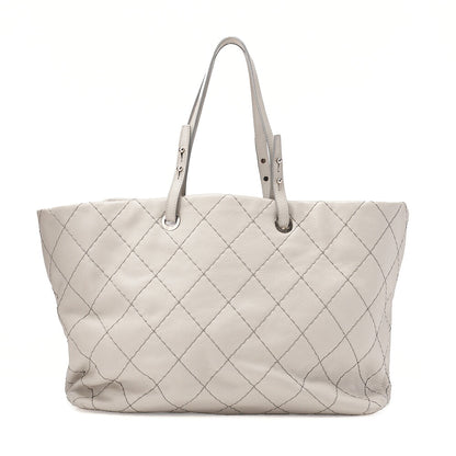 CHANEL Leather Tote Bag Matelasse Coco Mark Ozan Road Large Size Gray Silver-Tone Hardware, Pre-Owned