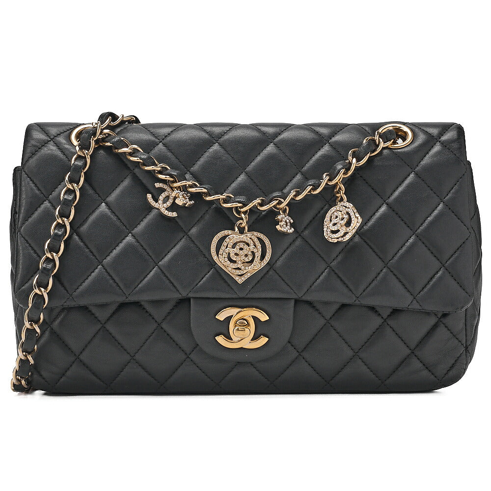 CHANEL Lambskin Matelasse 25cm Single Flap Icon Chain Shoulder Black Gold-Tone Hardware, Pre-Owned