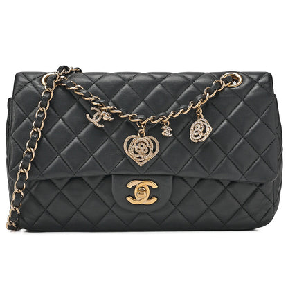CHANEL Lambskin Matelasse 25cm Single Flap Icon Chain Shoulder Black Gold-Tone Hardware, Pre-Owned