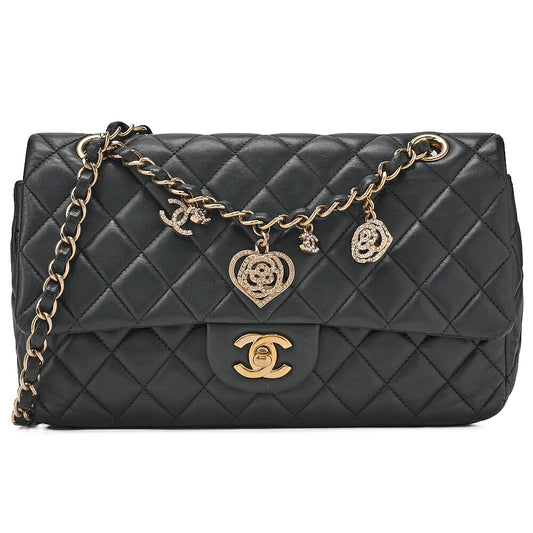 CHANEL Lambskin Matelasse 25cm Single Flap Icon Chain Shoulder Black Gold-Tone Hardware, Pre-Owned