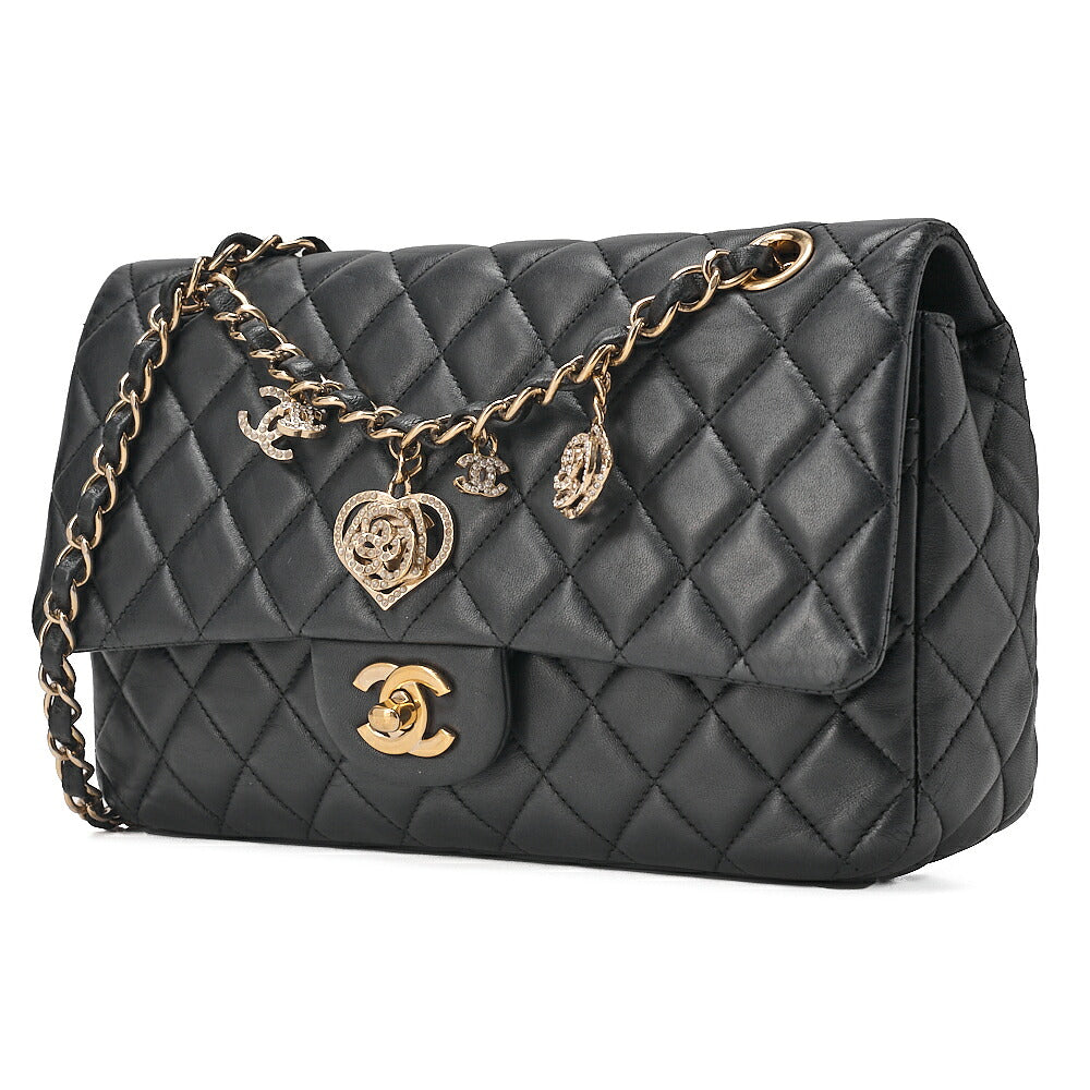 CHANEL Lambskin Matelasse 25cm Single Flap Icon Chain Shoulder Black Gold-Tone Hardware, Pre-Owned