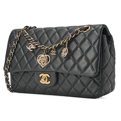 CHANEL Lambskin Matelasse 25cm Single Flap Icon Chain Shoulder Black Gold-Tone Hardware, Pre-Owned