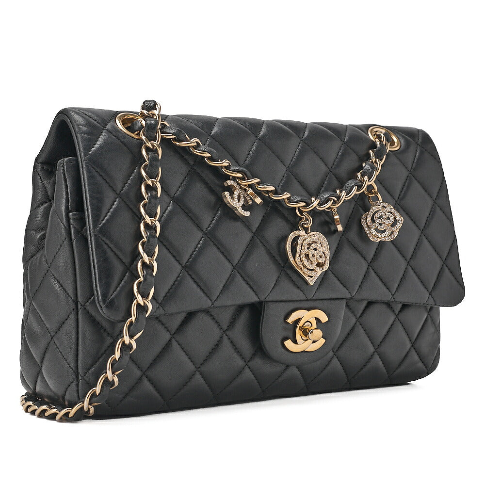 CHANEL Lambskin Matelasse 25cm Single Flap Icon Chain Shoulder Black Gold-Tone Hardware, Pre-Owned