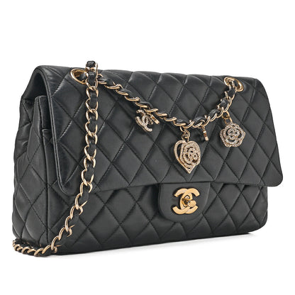CHANEL Lambskin Matelasse 25cm Single Flap Icon Chain Shoulder Black Gold-Tone Hardware, Pre-Owned
