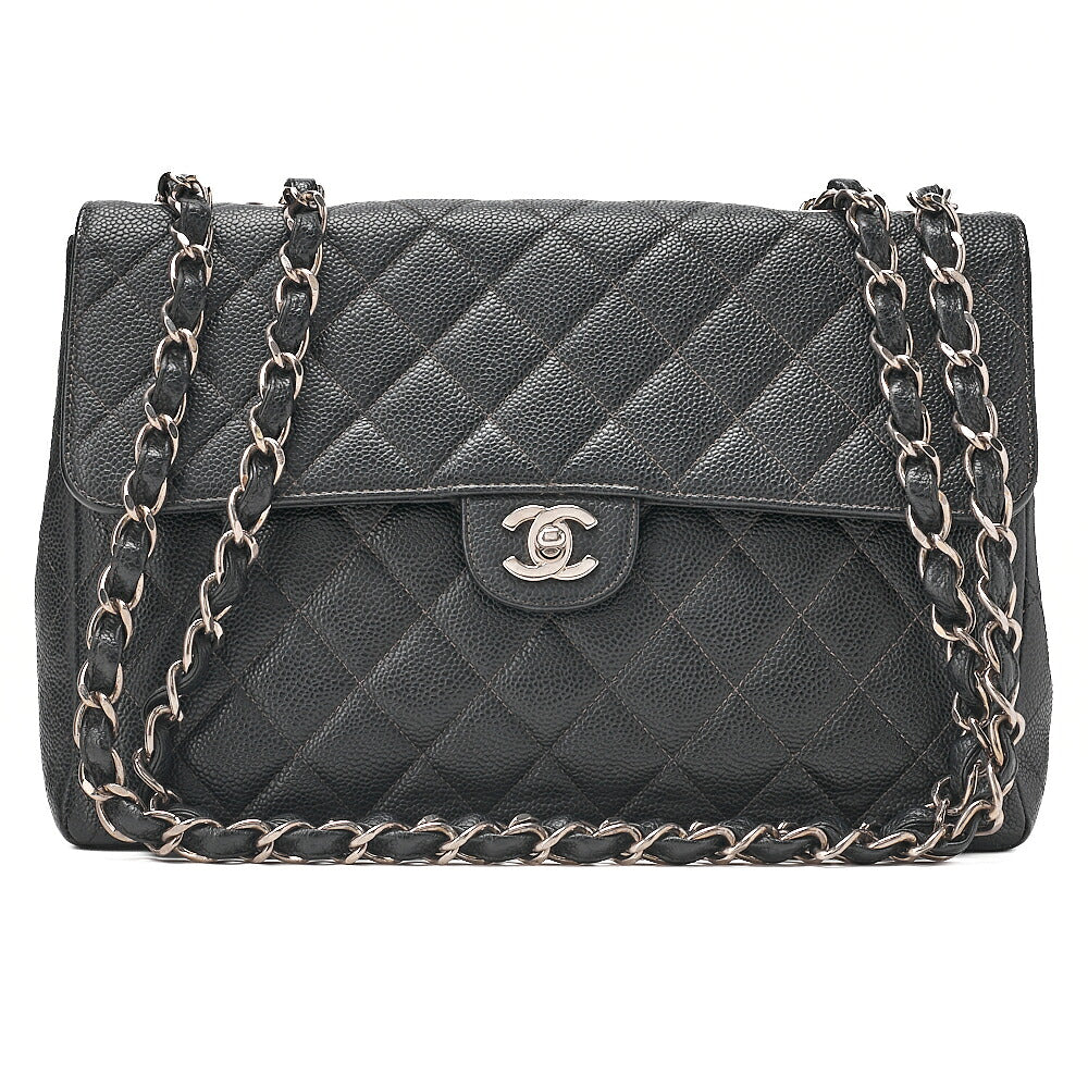 CHANEL Caviar Skin Deca Matelasse 30cm Single Flap Chain Shoulder Bag Black Silver-Tone Hardware, Pre-Owned