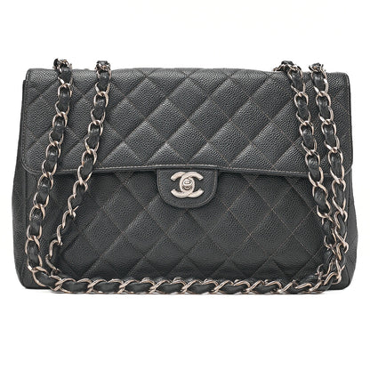 CHANEL Caviar Skin Deca Matelasse 30cm Single Flap Chain Shoulder Bag Black Silver-Tone Hardware, Pre-Owned