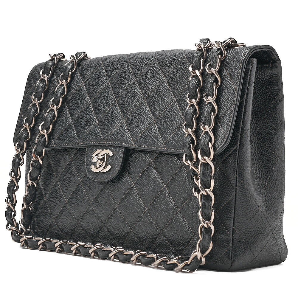 CHANEL Caviar Skin Deca Matelasse 30cm Single Flap Chain Shoulder Bag Black Silver-Tone Hardware, Pre-Owned