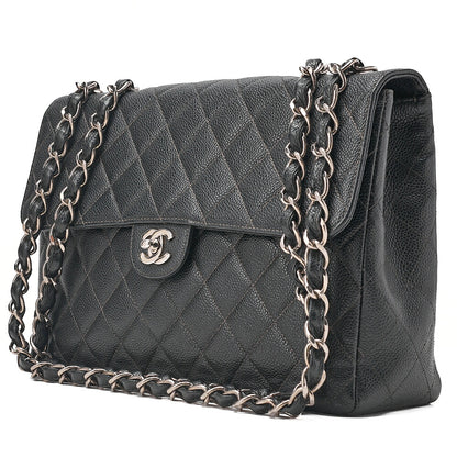 CHANEL Caviar Skin Deca Matelasse 30cm Single Flap Chain Shoulder Bag Black Silver-Tone Hardware, Pre-Owned