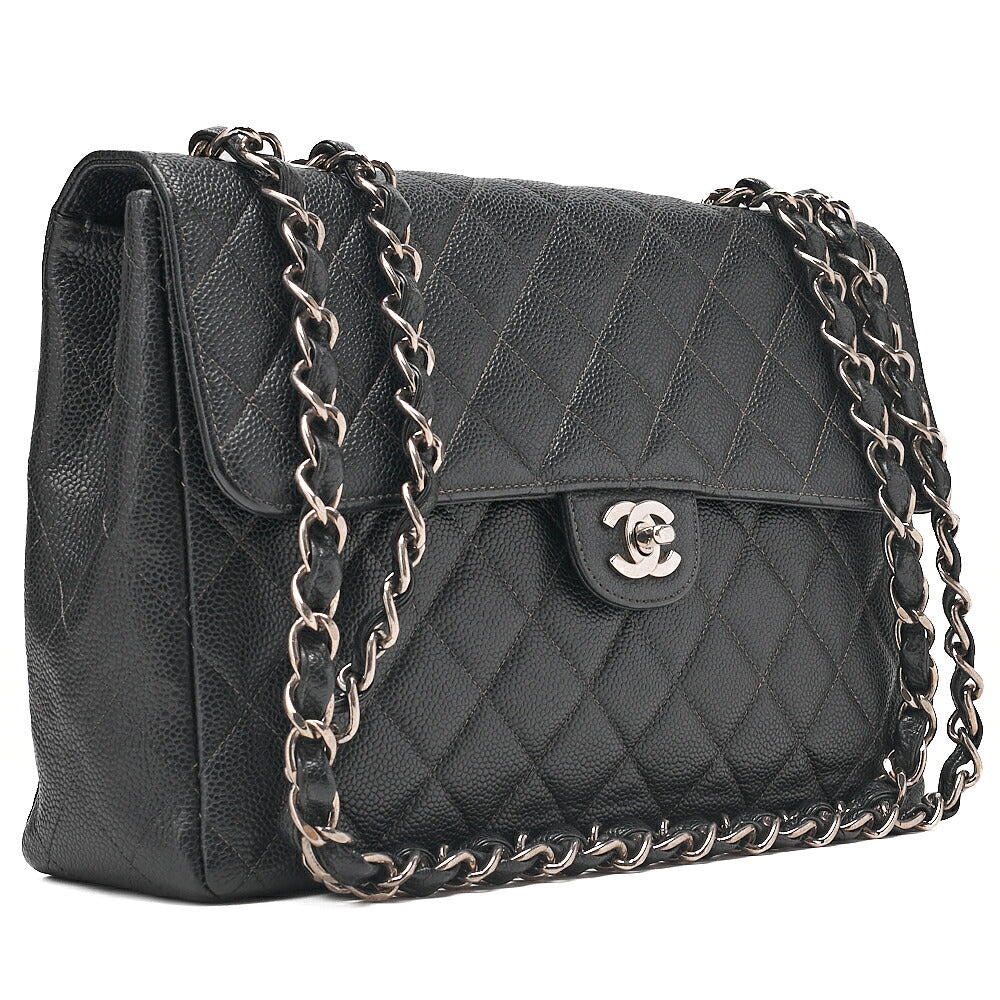 CHANEL Caviar Skin Deca Matelasse 30cm Single Flap Chain Shoulder Bag Black Silver-Tone Hardware, Pre-Owned