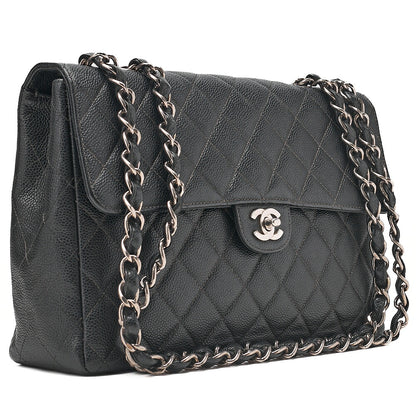 CHANEL Caviar Skin Deca Matelasse 30cm Single Flap Chain Shoulder Bag Black Silver-Tone Hardware, Pre-Owned