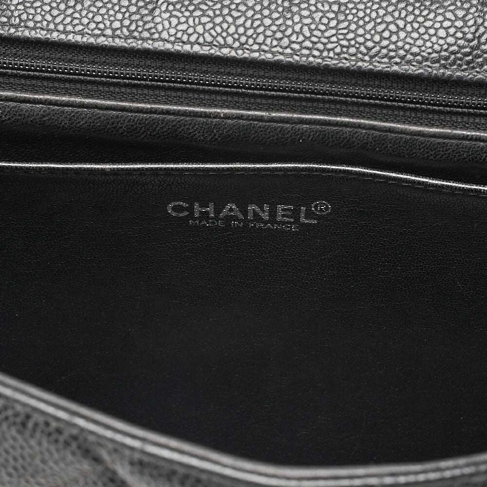 CHANEL Caviar Skin Deca Matelasse 30cm Single Flap Chain Shoulder Bag Black Silver-Tone Hardware, Pre-Owned