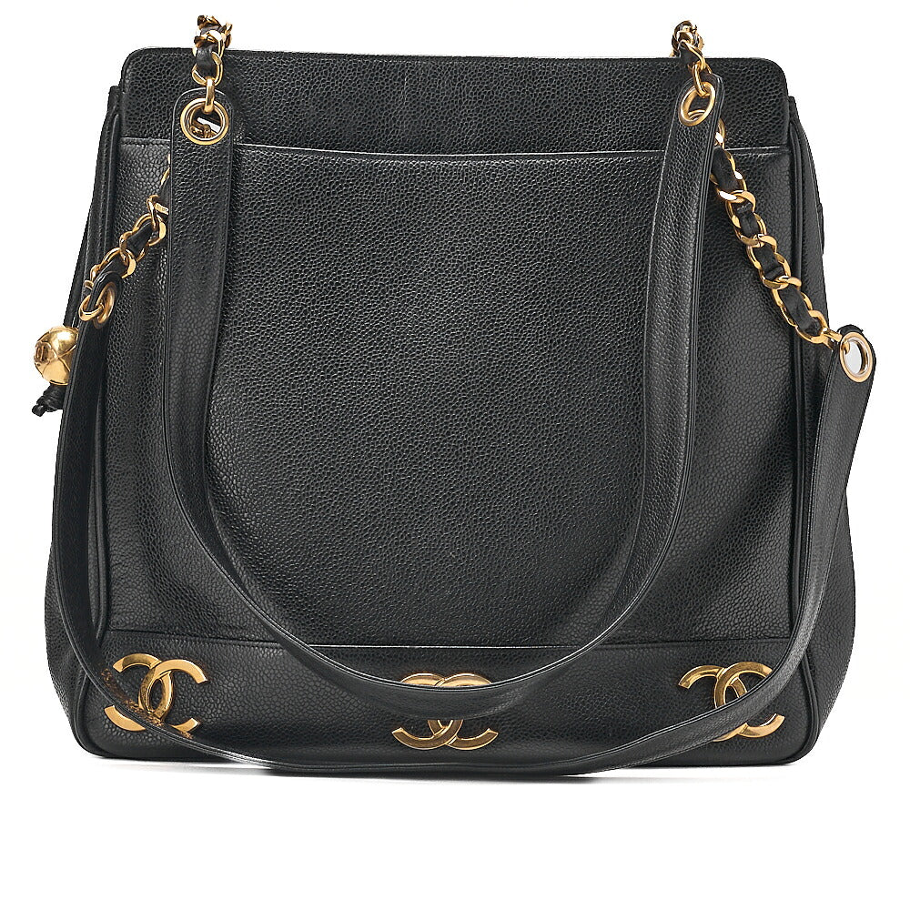 CHANEL Shoulder Bag Ball Charm Triple Coco Double Chain Shoulder Caviar Skin Black Gold-Tone Hardware, Pre-Owned