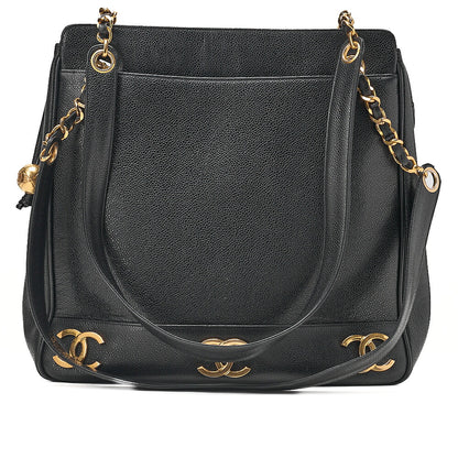 CHANEL Shoulder Bag Ball Charm Triple Coco Double Chain Shoulder Caviar Skin Black Gold-Tone Hardware, Pre-Owned