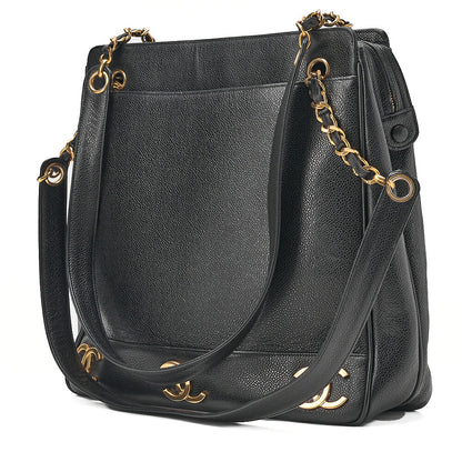 CHANEL Shoulder Bag Ball Charm Triple Coco Double Chain Shoulder Caviar Skin Black Gold-Tone Hardware, Pre-Owned