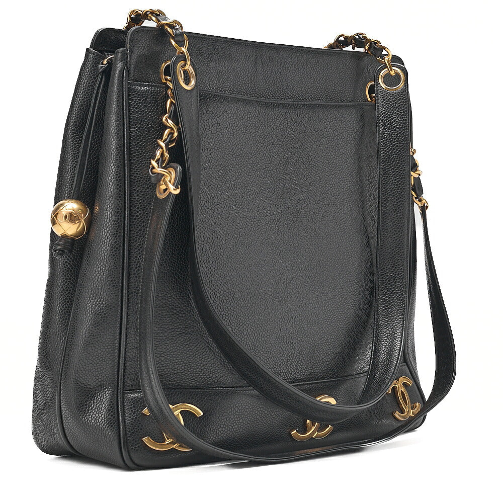 CHANEL Shoulder Bag Ball Charm Triple Coco Double Chain Shoulder Caviar Skin Black Gold-Tone Hardware, Pre-Owned