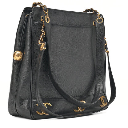 CHANEL Shoulder Bag Ball Charm Triple Coco Double Chain Shoulder Caviar Skin Black Gold-Tone Hardware, Pre-Owned