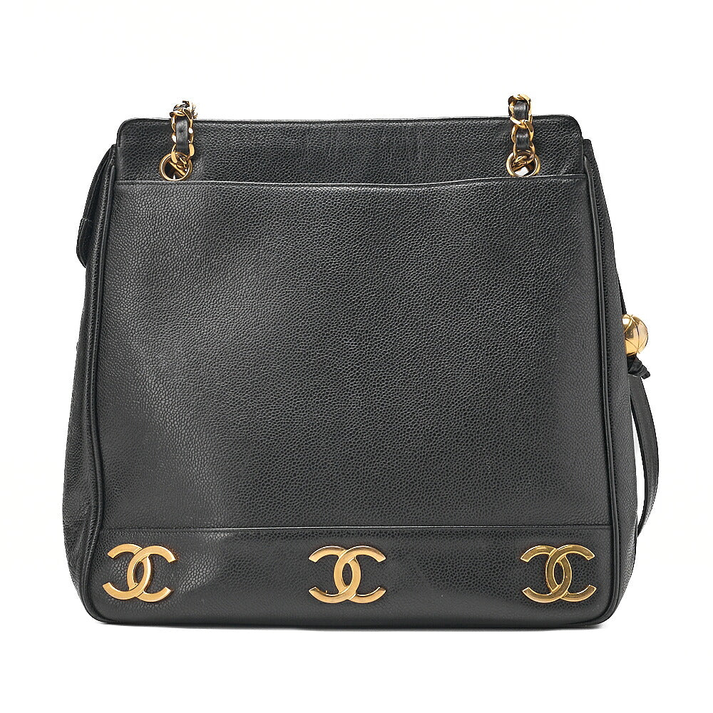 CHANEL Shoulder Bag Ball Charm Triple Coco Double Chain Shoulder Caviar Skin Black Gold-Tone Hardware, Pre-Owned