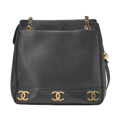 CHANEL Shoulder Bag Ball Charm Triple Coco Double Chain Shoulder Caviar Skin Black Gold-Tone Hardware, Pre-Owned
