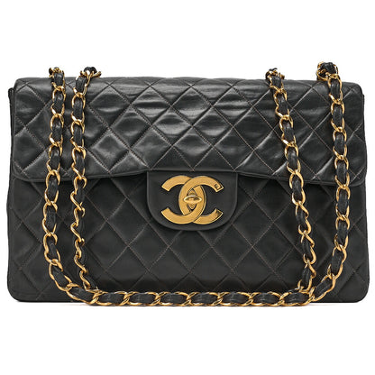CHANEL Chain Shoulder Bag Deka Matelasse 34cm Single Flap Lambskin Black Gold-Tone Hardware, Pre-Owned