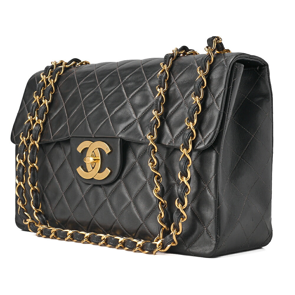 CHANEL Chain Shoulder Bag Deka Matelasse 34cm Single Flap Lambskin Black Gold-Tone Hardware, Pre-Owned