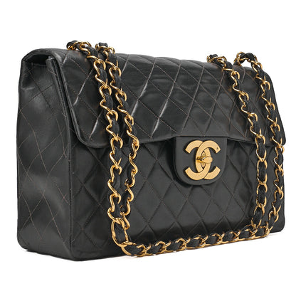 CHANEL Chain Shoulder Bag Deka Matelasse 34cm Single Flap Lambskin Black Gold-Tone Hardware, Pre-Owned