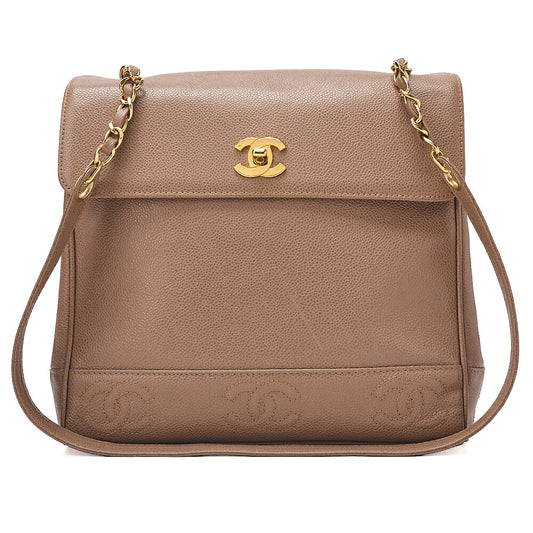 CHANEL Caviar Skin Triple Coco Turn Lock Chain Shoulder Bag Brown Gold-Tone Hardware, Pre-Owned