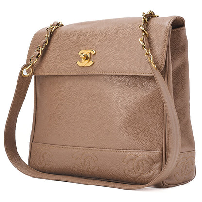 CHANEL Caviar Skin Triple Coco Turn Lock Chain Shoulder Bag Brown Gold-Tone Hardware, Pre-Owned
