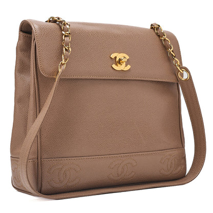 CHANEL Caviar Skin Triple Coco Turn Lock Chain Shoulder Bag Brown Gold-Tone Hardware, Pre-Owned