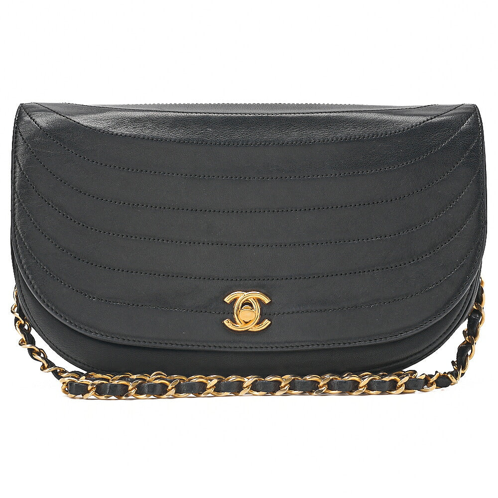 CHANEL Shoulder Bag Border Stitch Half Moon Turn Lock Lambskin Black Gold-Tone Hardware, Pre-Owned