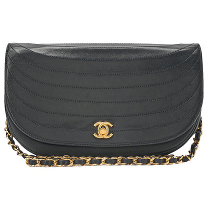 CHANEL Shoulder Bag Border Stitch Half Moon Turn Lock Lambskin Black Gold-Tone Hardware, Pre-Owned