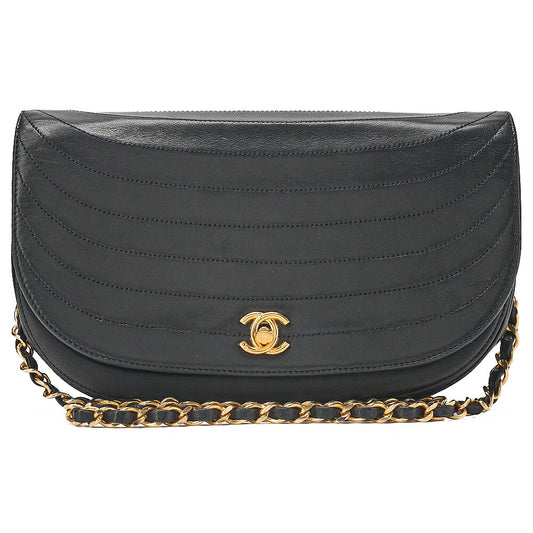 CHANEL Shoulder Bag Border Stitch Half Moon Turn Lock Lambskin Black Gold-Tone Hardware, Pre-Owned