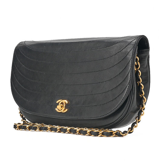 CHANEL Shoulder Bag Border Stitch Half Moon Turn Lock Lambskin Black Gold-Tone Hardware, Pre-Owned