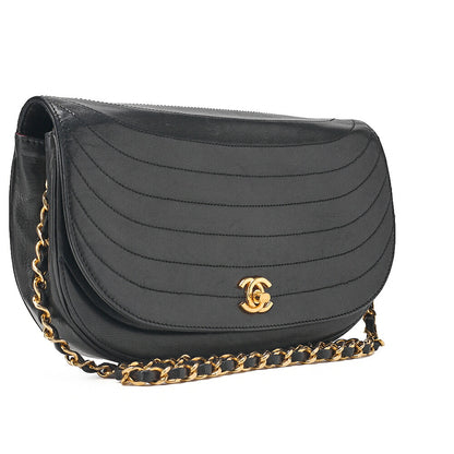 CHANEL Shoulder Bag Border Stitch Half Moon Turn Lock Lambskin Black Gold-Tone Hardware, Pre-Owned
