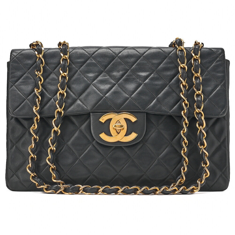 CHANEL Chain Shoulder Bag Deka Matelasse 34cm Single Flap Lambskin Black Gold-Tone Hardware, Pre-Owned