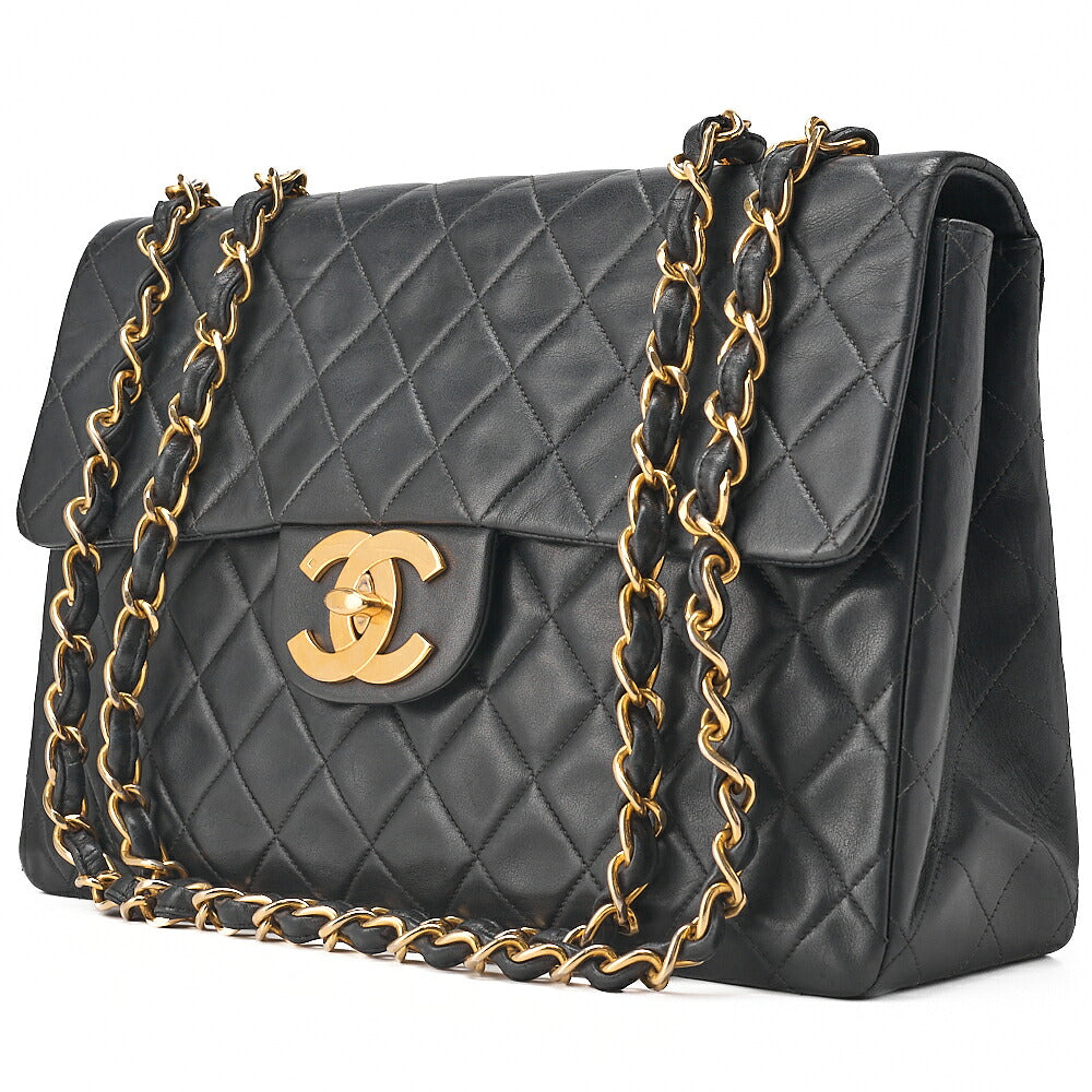 CHANEL Chain Shoulder Bag Deka Matelasse 34cm Single Flap Lambskin Black Gold-Tone Hardware, Pre-Owned