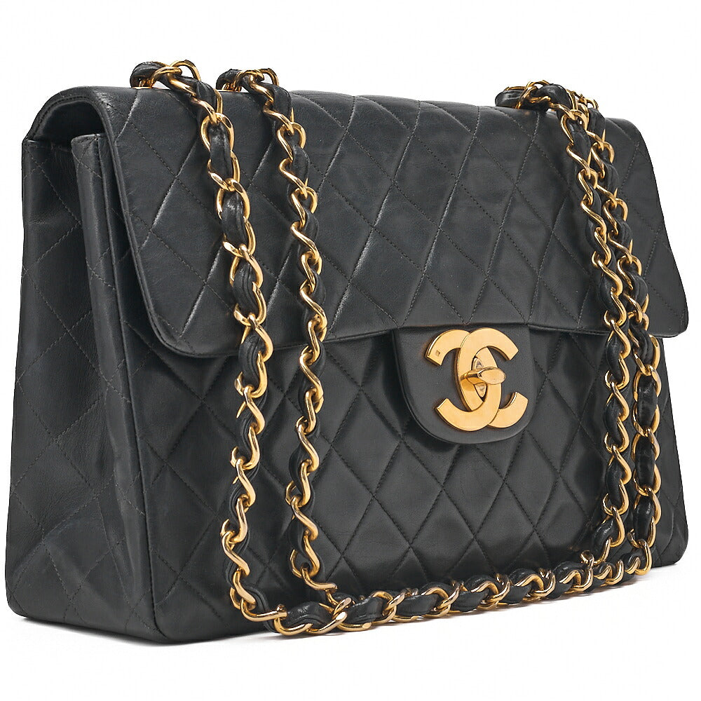CHANEL Chain Shoulder Bag Deka Matelasse 34cm Single Flap Lambskin Black Gold-Tone Hardware, Pre-Owned