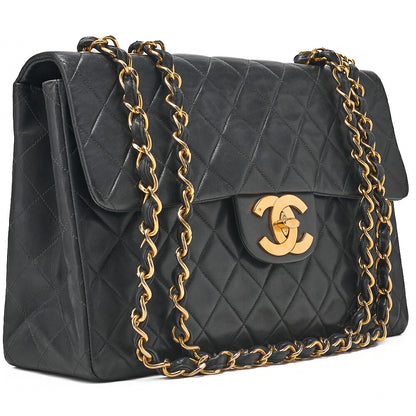 CHANEL Chain Shoulder Bag Deka Matelasse 34cm Single Flap Lambskin Black Gold-Tone Hardware, Pre-Owned