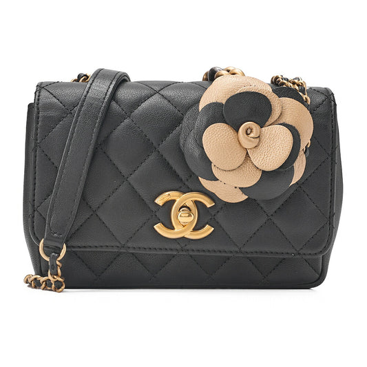 CHANEL Lambskin Mini Matelasse Camellia Turnlock Single Chain Shoulder Black Gold-Tone Hardware, Pre-Owned