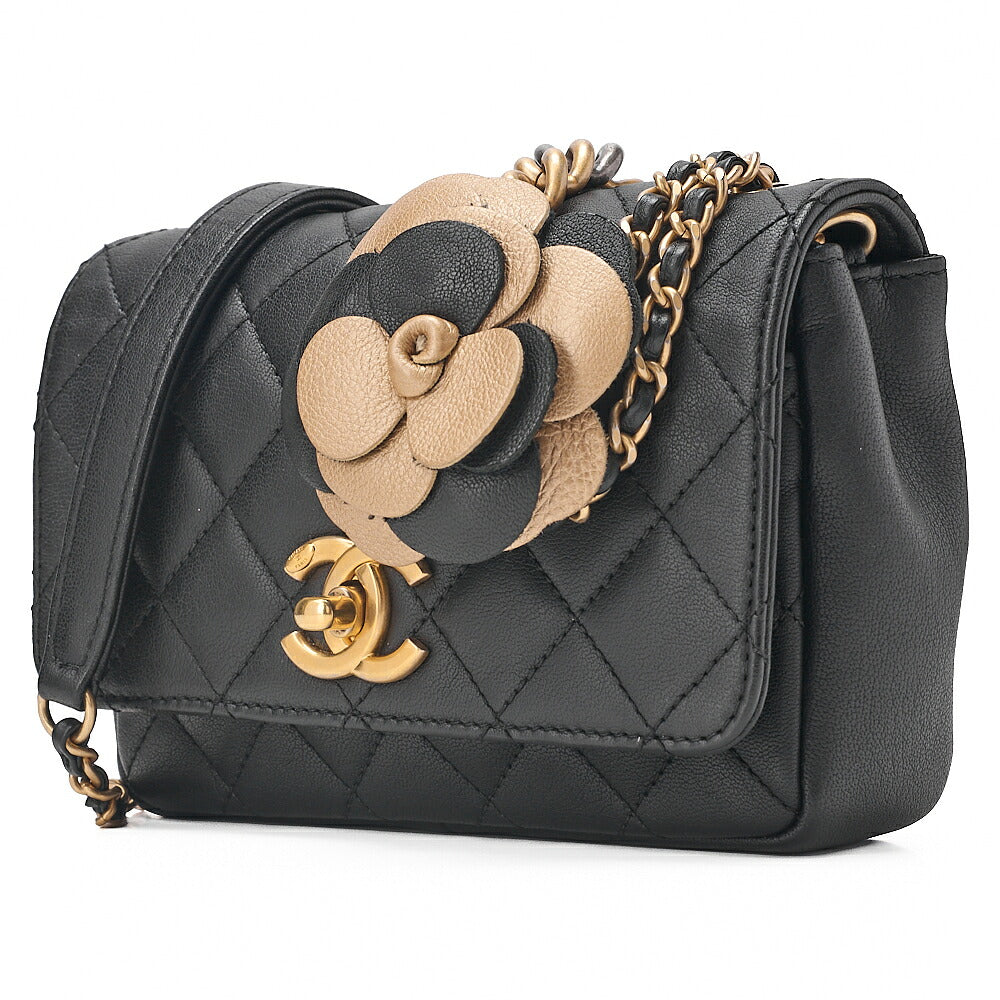 CHANEL Lambskin Mini Matelasse Camellia Turnlock Single Chain Shoulder Black Gold-Tone Hardware, Pre-Owned