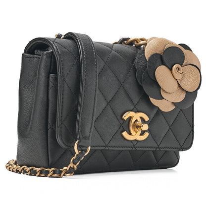 CHANEL Lambskin Mini Matelasse Camellia Turnlock Single Chain Shoulder Black Gold-Tone Hardware, Pre-Owned