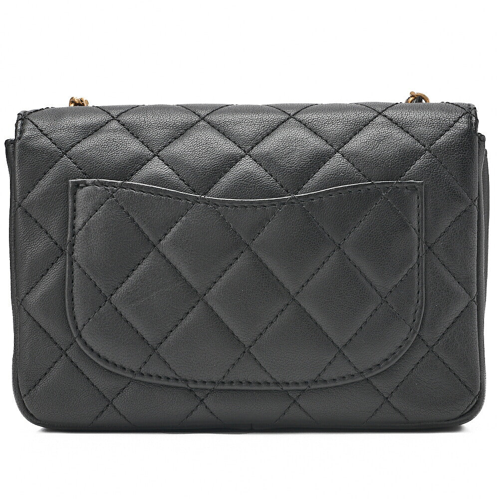 CHANEL Lambskin Mini Matelasse Camellia Turnlock Single Chain Shoulder Black Gold-Tone Hardware, Pre-Owned