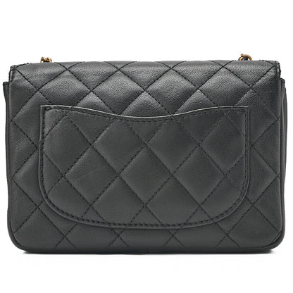 CHANEL Lambskin Mini Matelasse Camellia Turnlock Single Chain Shoulder Black Gold-Tone Hardware, Pre-Owned