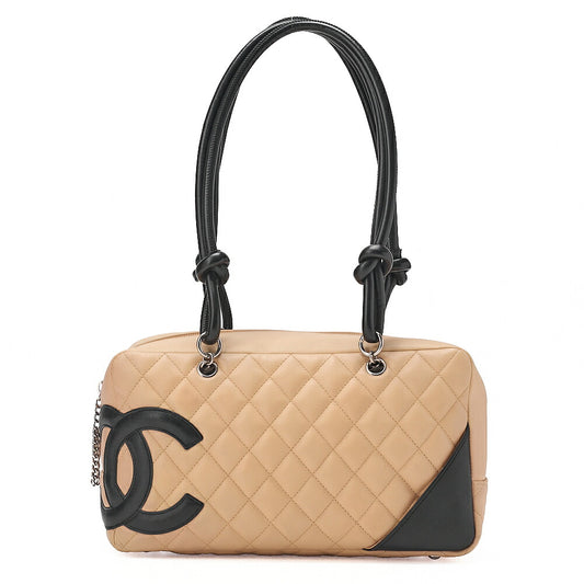 CHANEL Cambon Line Matelasse Calfskin Bowling Back Beige x Black Silver-Tone Hardware, Pre-Owned