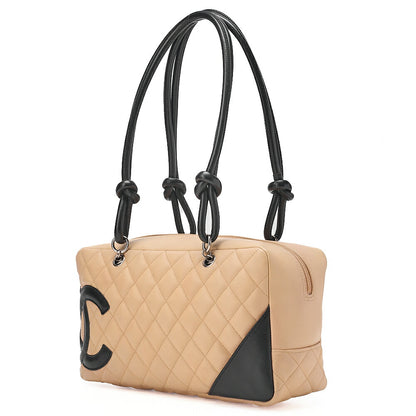 CHANEL Cambon Line Matelasse Calfskin Bowling Back Beige x Black Silver-Tone Hardware, Pre-Owned