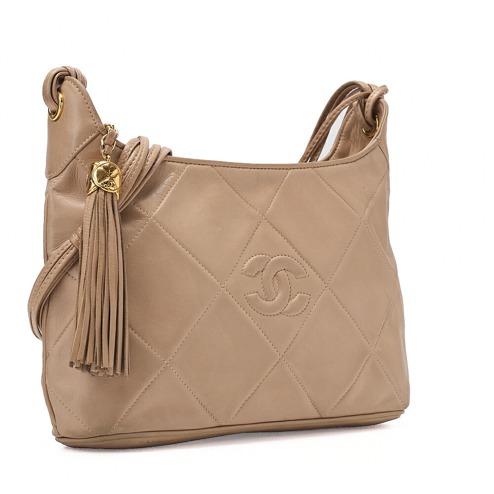 CHANEL Chanel Matelasse Coco Mark Fringe Chain Shoulder Lambskin Beige Gold-Tone Hardware, Pre-Owned